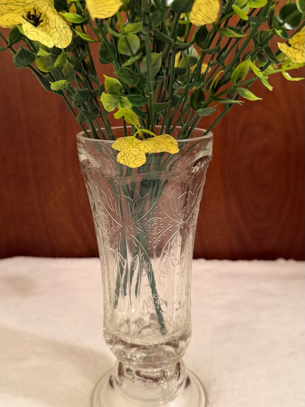 Vintage Indiana Glass 9" Etched Pedestal Vase Clear Elegant Floral Display